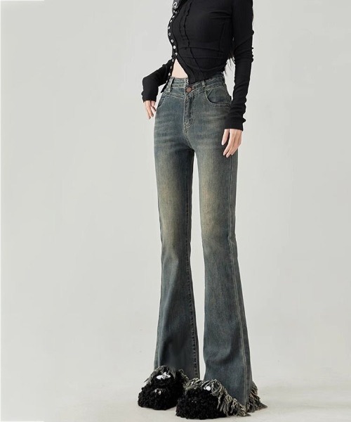 gossip!ロサンゼルス(ゴシップロサンゼルス)の「ハイウェスト ストレッチ 裾フリンジフレアデニムパンツ(デニムパンツ・レディース・ダークブルー/ブルー/ブラック・M/L/S)」の13枚目の写真