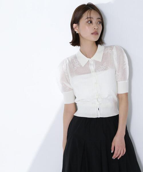 NATURAL BEAUTY BASIC(ナチュラルビューティーベーシック)の「◇シアージャガードポロカーデ(カーディガン/ボレロ・レディース・ブラック/オフホワイト/ブルー・FREE)」の2枚目の写真