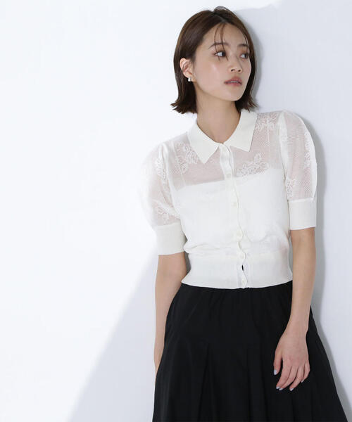 NATURAL BEAUTY BASIC（ナチュラルビューティーベーシック）の「◇シアージャガードポロカーデ（カーディガン/ボレロ・レディース・ブラック/オフホワイト/ブルー・FREE）」の2枚目の写真