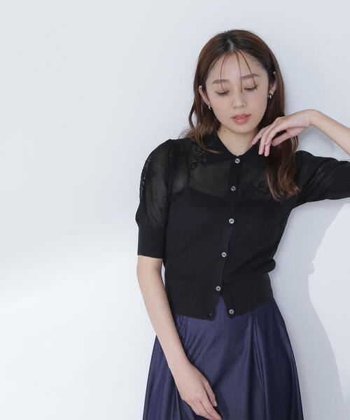 NATURAL BEAUTY BASIC（ナチュラルビューティーベーシック）の「◇シアージャガードポロカーデ（カーディガン/ボレロ・レディース・ブラック/オフホワイト/ブルー・FREE）」の3枚目の写真