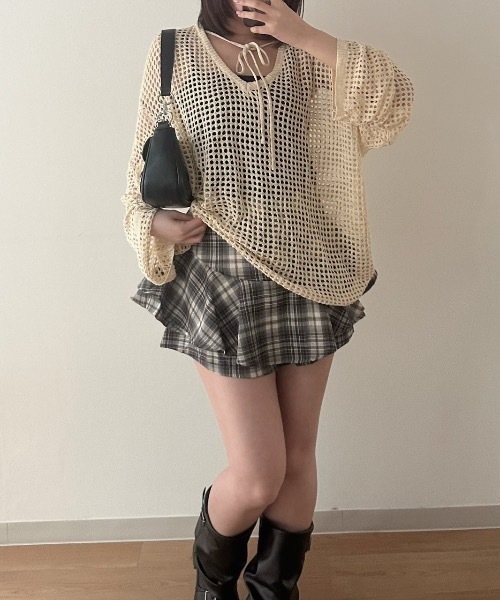 nemne store（ネンネストア）の「スキッパーリボンメッシュニット（ニット/セーター・レディース・ブルー系/イエロー系/ピンク系/サックスブルー・SMALL/MEDIUM）」の4枚目の写真