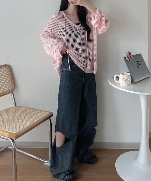 セール】スキッパーリボンメッシュニット（ニット/セーター