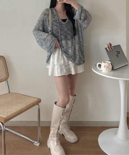 nemne store（ネンネストア）の「スキッパーリボンメッシュニット（ニット/セーター・レディース・ブルー系/イエロー系/ピンク系/サックスブルー・SMALL/MEDIUM）」の2枚目の写真