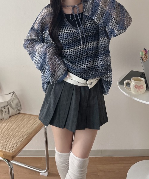 nemne store（ネンネストア）の「スキッパーリボンメッシュニット（ニット/セーター・レディース・ブルー系/イエロー系/ピンク系/サックスブルー・SMALL/MEDIUM）」の7枚目の写真