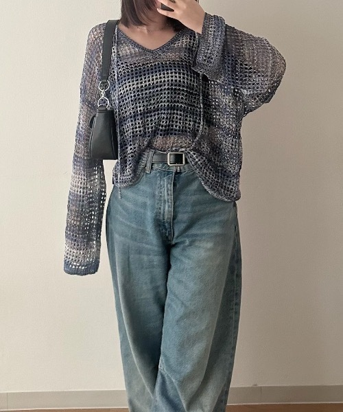 nemne store（ネンネストア）の「スキッパーリボンメッシュニット（ニット/セーター・レディース・ブルー系/イエロー系/ピンク系/サックスブルー・SMALL/MEDIUM）」の9枚目の写真