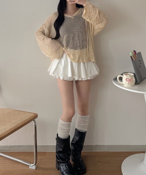 nemne store（ネンネストア）の「スキッパーリボンメッシュニット（ニット/セーター・レディース・ブルー系/イエロー系/ピンク系/サックスブルー・SMALL/MEDIUM）」の12枚目の写真