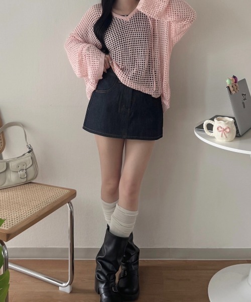 nemne store（ネンネストア）の「スキッパーリボンメッシュニット（ニット/セーター・レディース・ブルー系/イエロー系/ピンク系/サックスブルー・SMALL/MEDIUM）」の14枚目の写真
