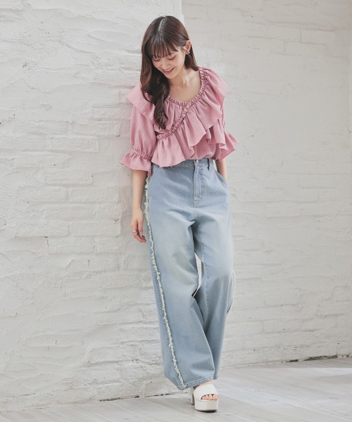 一葉様ハンドメイド♡デニムフリンジポニー 濃いデニム 濃いピンク① Lover's Momotaro denim. 愛人的桃太郎牛仔布 @pooh03187