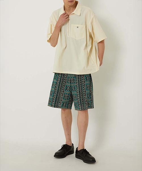 LEONARD フラワー柄 ハーフジップシャツ マルチサイズ】シアサッカー ハーフジップシャツ（シャツ