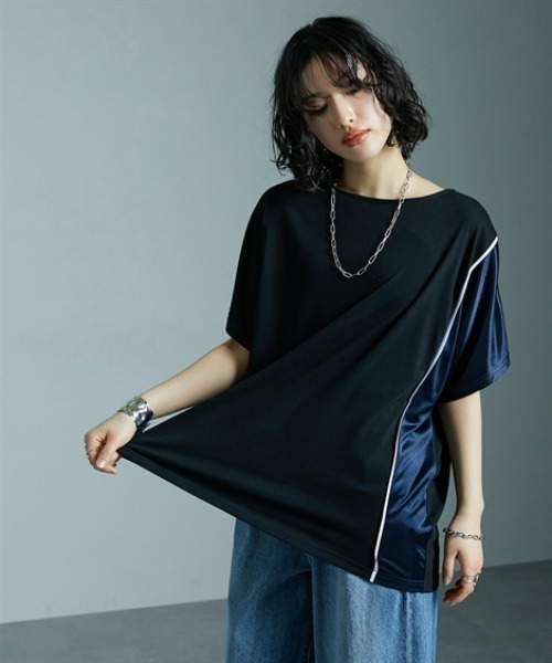 Soiunique（スワユニーク）の「サイド配色切替ゆったりサイズ半袖Tシャツ ［Soiunique］（Tシャツ/カットソー・レディース・ブラック×カーキ/ブラック×ブルー/ブラウン系・M/L/LL）」の4枚目の写真