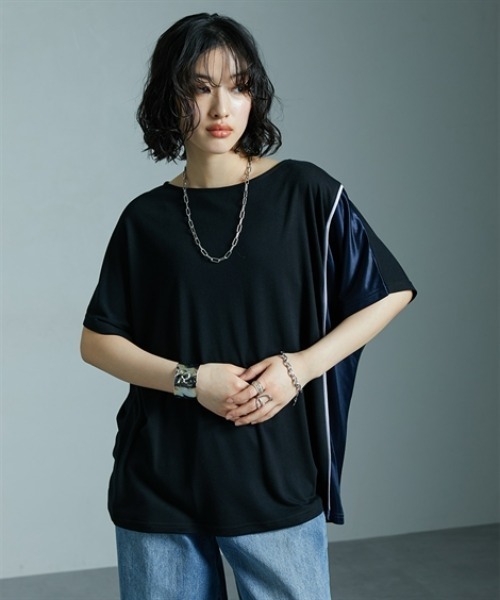 Soiunique（スワユニーク）の「サイド配色切替ゆったりサイズ半袖Tシャツ ［Soiunique］（Tシャツ/カットソー・レディース・ブラック×カーキ/ブラック×ブルー/ブラウン系・M/L/LL）」の5枚目の写真