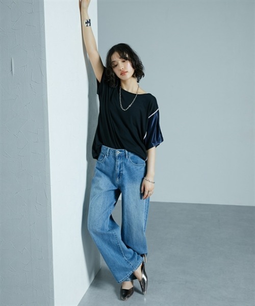 Soiunique（スワユニーク）の「サイド配色切替ゆったりサイズ半袖Tシャツ ［Soiunique］（Tシャツ/カットソー・レディース・ブラック×カーキ/ブラック×ブルー/ブラウン系・M/L/LL）」の7枚目の写真