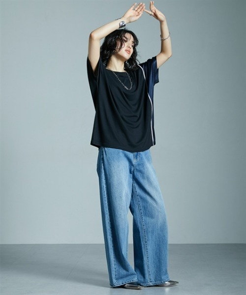 Soiunique（スワユニーク）の「サイド配色切替ゆったりサイズ半袖Tシャツ ［Soiunique］（Tシャツ/カットソー・レディース・ブラック×カーキ/ブラック×ブルー/ブラウン系・M/L/LL）」の8枚目の写真