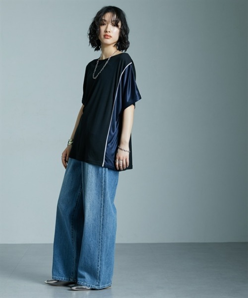 Soiunique（スワユニーク）の「サイド配色切替ゆったりサイズ半袖Tシャツ ［Soiunique］（Tシャツ/カットソー・レディース・ブラック×カーキ/ブラック×ブルー/ブラウン系・M/L/LL）」の9枚目の写真