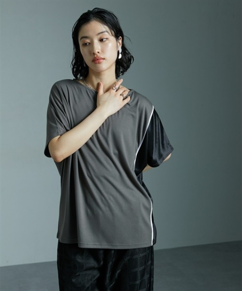 Soiunique（スワユニーク）の「サイド配色切替ゆったりサイズ半袖Tシャツ ［Soiunique］（Tシャツ/カットソー・レディース・ブラック×カーキ/ブラック×ブルー/ブラウン系・M/L/LL）」の14枚目の写真