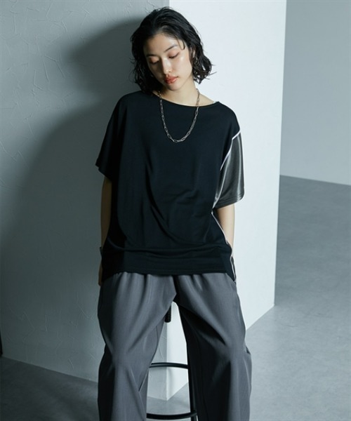 Soiunique（スワユニーク）の「サイド配色切替ゆったりサイズ半袖Tシャツ ［Soiunique］（Tシャツ/カットソー・レディース・ブラック×カーキ/ブラック×ブルー/ブラウン系・M/L/LL）」の12枚目の写真