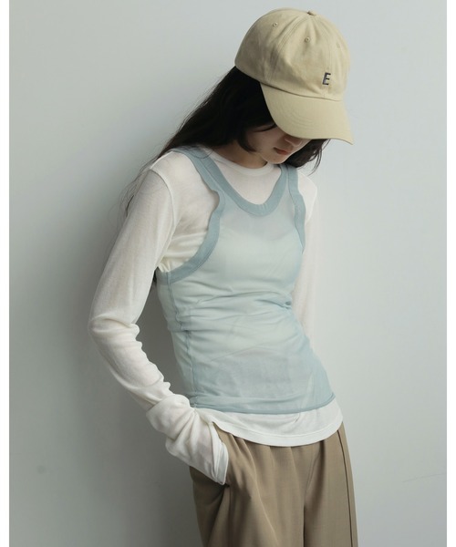 anuke（アンヌーク）の「Layered Sheer Long T-shirts（Tシャツ/カットソー・レディース・イエロー/ネイビー・FREE）」の4枚目の写真