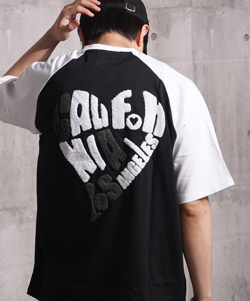 1111clothing（ワンフォークロージング）の「ハート サガラ刺繍 ラグランTシャツ / Heart Sagara Embroidery Raglan T-Shirt（Tシャツ/カットソー・メンズ・ホワイト×ブラック/ホワイト×ネイビー/ブラック×ホワイト・L/M/S）」の3枚目の写真