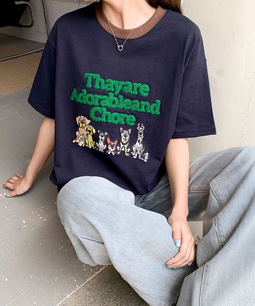 LOWO(ロワ)の「【綿100%使用】アニマルプリント×英字刺繍Tシャツ カットソー(Tシャツ/カットソー・レディース・グレー/ブラウン/アイボリー/ネイビー・FREE)」の4枚目の写真