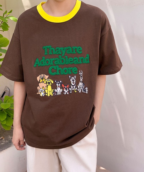 LOWO(ロワ)の「【綿100%使用】アニマルプリント×英字刺繍Tシャツ カットソー(Tシャツ/カットソー・レディース・グレー/ブラウン/アイボリー/ネイビー・FREE)」の3枚目の写真