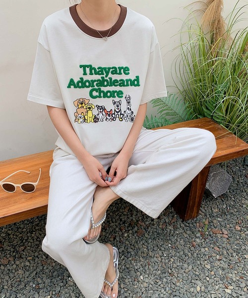 LOWO(ロワ)の「【綿100%使用】アニマルプリント×英字刺繍Tシャツ カットソー(Tシャツ/カットソー・レディース・グレー/ブラウン/アイボリー/ネイビー・FREE)」の11枚目の写真