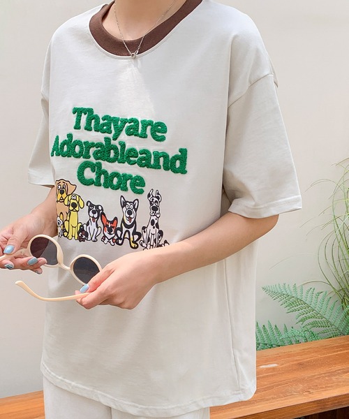 LOWO(ロワ)の「【綿100%使用】アニマルプリント×英字刺繍Tシャツ カットソー(Tシャツ/カットソー・レディース・グレー/ブラウン/アイボリー/ネイビー・FREE)」の12枚目の写真