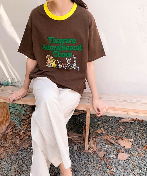 LOWO(ロワ)の「【綿100%使用】アニマルプリント×英字刺繍Tシャツ カットソー(Tシャツ/カットソー・レディース・グレー/ブラウン/アイボリー/ネイビー・FREE)」の17枚目の写真