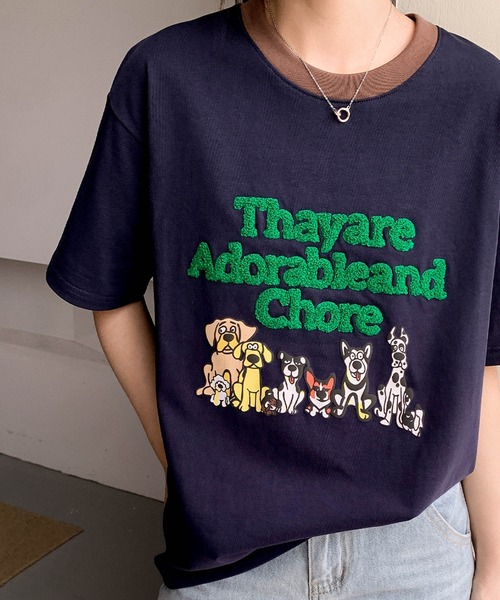 LOWO(ロワ)の「【綿100%使用】アニマルプリント×英字刺繍Tシャツ カットソー(Tシャツ/カットソー・レディース・グレー/ブラウン/アイボリー/ネイビー・FREE)」の18枚目の写真
