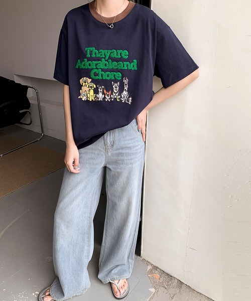 LOWO(ロワ)の「【綿100%使用】アニマルプリント×英字刺繍Tシャツ カットソー(Tシャツ/カットソー・レディース・グレー/ブラウン/アイボリー/ネイビー・FREE)」の19枚目の写真