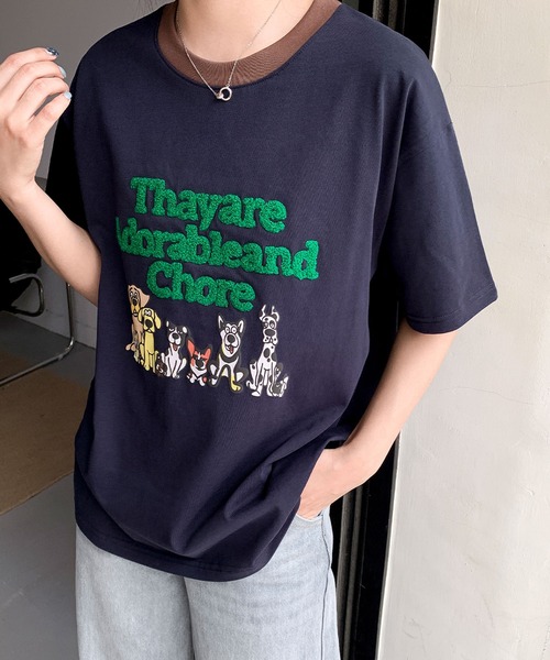 LOWO(ロワ)の「【綿100%使用】アニマルプリント×英字刺繍Tシャツ カットソー(Tシャツ/カットソー・レディース・グレー/ブラウン/アイボリー/ネイビー・FREE)」の5枚目の写真