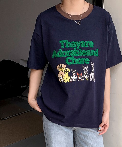 LOWO(ロワ)の「【綿100%使用】アニマルプリント×英字刺繍Tシャツ カットソー(Tシャツ/カットソー・レディース・グレー/ブラウン/アイボリー/ネイビー・FREE)」の6枚目の写真