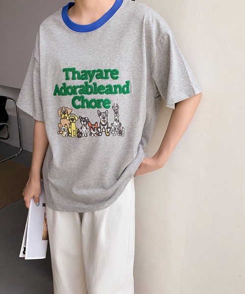 LOWO(ロワ)の「【綿100%使用】アニマルプリント×英字刺繍Tシャツ カットソー(Tシャツ/カットソー・レディース・グレー/ブラウン/アイボリー/ネイビー・FREE)」の7枚目の写真