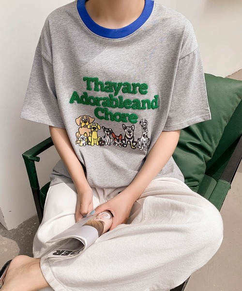 LOWO(ロワ)の「【綿100%使用】アニマルプリント×英字刺繍Tシャツ カットソー(Tシャツ/カットソー・レディース・グレー/ブラウン/アイボリー/ネイビー・FREE)」の8枚目の写真