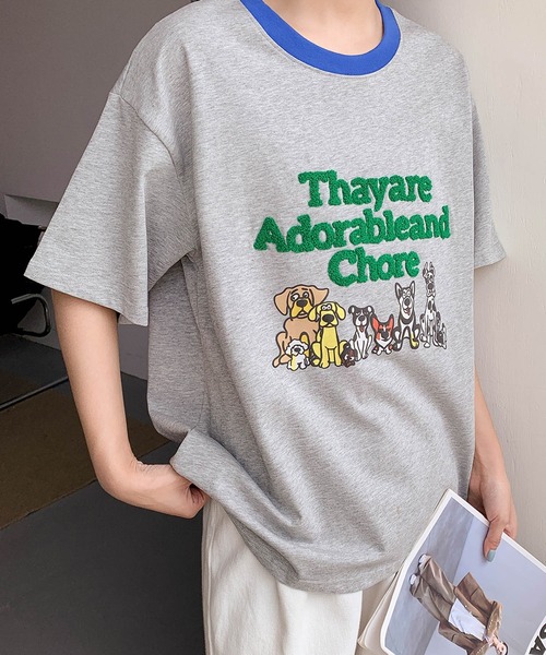LOWO(ロワ)の「【綿100%使用】アニマルプリント×英字刺繍Tシャツ カットソー(Tシャツ/カットソー・レディース・グレー/ブラウン/アイボリー/ネイビー・FREE)」の9枚目の写真
