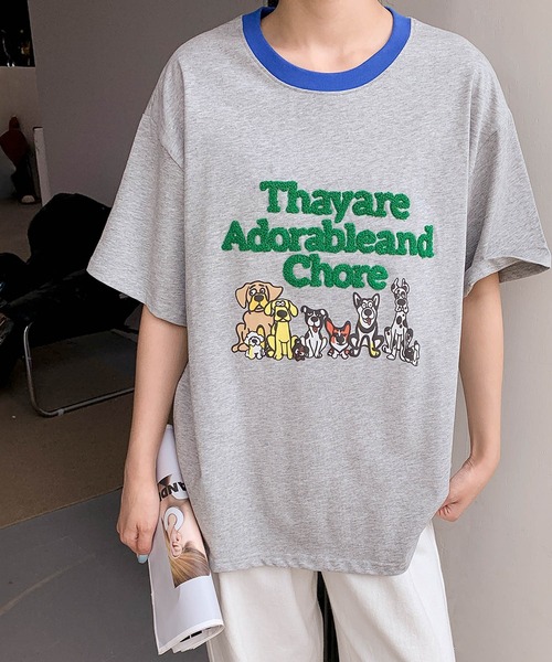 LOWO(ロワ)の「【綿100%使用】アニマルプリント×英字刺繍Tシャツ カットソー(Tシャツ/カットソー・レディース・グレー/ブラウン/アイボリー/ネイビー・FREE)」の10枚目の写真
