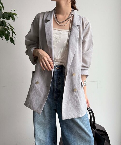 DouDou（ドゥドゥ）の「【新色追加】ライトフェイクリネンジャケット（テーラードジャケット・レディース・キャメル/チャコールグレー/ライトグレー・FREE）」の2枚目の写真
