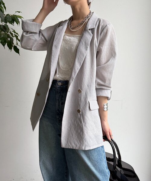 DouDou（ドゥドゥ）の「【新色追加】ライトフェイクリネンジャケット（テーラードジャケット・レディース・キャメル/チャコールグレー/ライトグレー・FREE）」の20枚目の写真