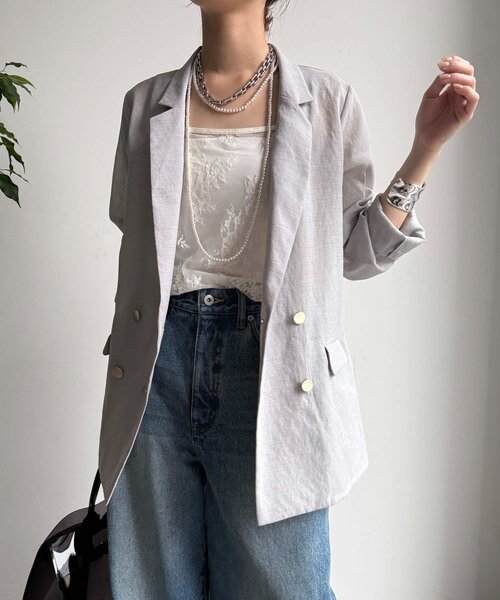 DouDou（ドゥドゥ）の「【新色追加】ライトフェイクリネンジャケット（テーラードジャケット・レディース・キャメル/チャコールグレー/ライトグレー・FREE）」の21枚目の写真