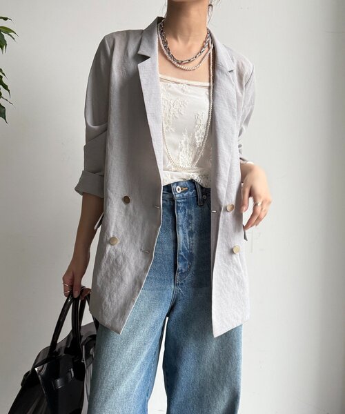 DouDou（ドゥドゥ）の「【新色追加】ライトフェイクリネンジャケット（テーラードジャケット・レディース・キャメル/チャコールグレー/ライトグレー・FREE）」の22枚目の写真