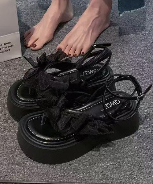 セール】レースアップ厚底サンダル オーガンジーリボン付き