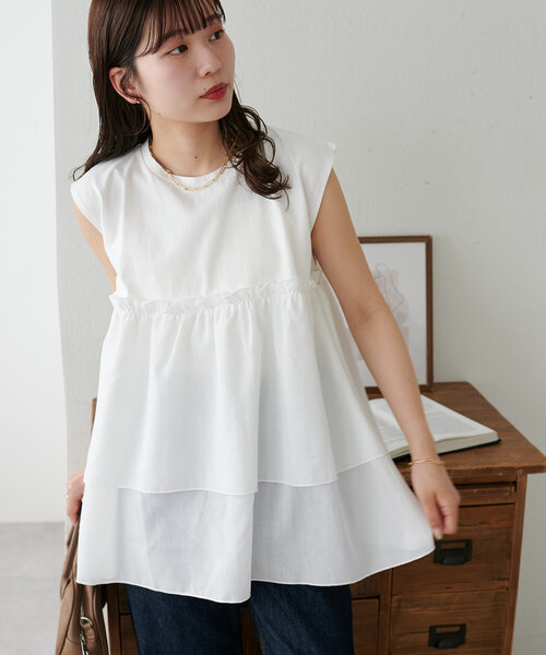 DISCOAT(ディスコート)の「【新色追加!/WEB限定】2段フリルドッキングトップス(Tシャツ/カットソー・レディース・ブラウン/ホワイト/ブラック・MEDIUM)」の5枚目の写真