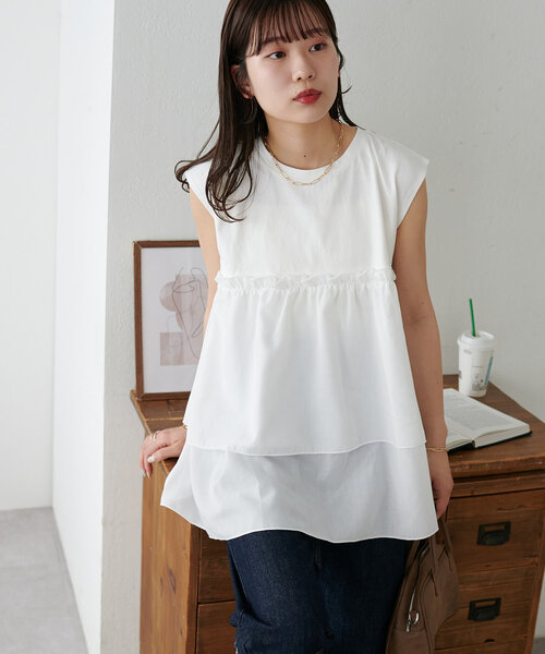 DISCOAT(ディスコート)の「【新色追加!/WEB限定】2段フリルドッキングトップス(Tシャツ/カットソー・レディース・ブラウン/ホワイト/ブラック・MEDIUM)」の9枚目の写真