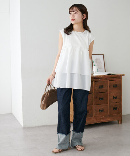 DISCOAT(ディスコート)の「【新色追加!/WEB限定】2段フリルドッキングトップス(Tシャツ/カットソー・レディース・ブラウン/ホワイト/ブラック・MEDIUM)」の10枚目の写真