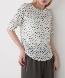 【forksy.】小花柄シャーリングコンパクトシアーTシャツアイボリー系