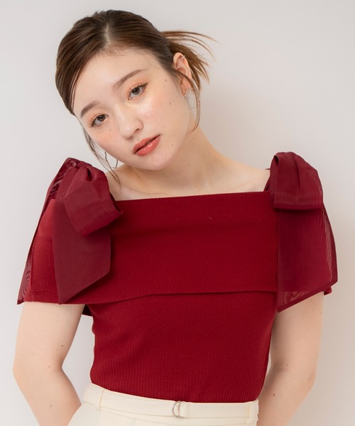 REDYAZEL(レディアゼル)の「リボンショルダーリブニットトップス(ニット/セーター・レディース・レッド/オフホワイト/チャコールグレー/ブラック・FREE)」の4枚目の写真