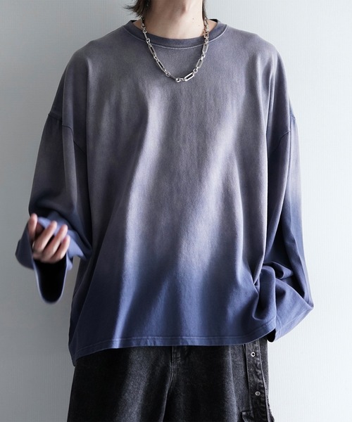 cussil（クシル）の「【cussil/クシル】フェードグラデーションガーメントダイ長袖Tシャツ(ロンT)（Tシャツ/カットソー・メンズ・ブラック系/ブルー系/ブラウン系/グレー系・S/M/L）」の4枚目の写真