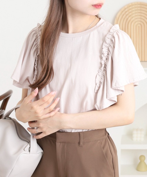 atONE(アットワン)の「ショルダーフリルフレンチスリーブTシャツ(Tシャツ/カットソー・レディース・チャコールグレー/ホワイト/ミント/ピンクベージュ/ブラック・LL~3L/M-L/4L~5L)」の5枚目の写真