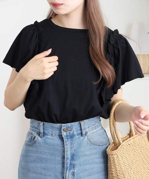 atONE(アットワン)の「ショルダーフリルフレンチスリーブTシャツ(Tシャツ/カットソー・レディース・チャコールグレー/ホワイト/ミント/ピンクベージュ/ブラック・LL~3L/M-L/4L~5L)」の13枚目の写真