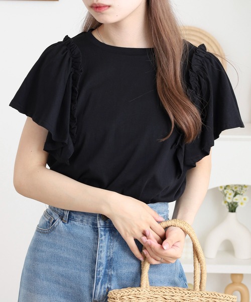 atONE(アットワン)の「ショルダーフリルフレンチスリーブTシャツ(Tシャツ/カットソー・レディース・チャコールグレー/ホワイト/ミント/ピンクベージュ/ブラック・LL~3L/M-L/4L~5L)」の14枚目の写真