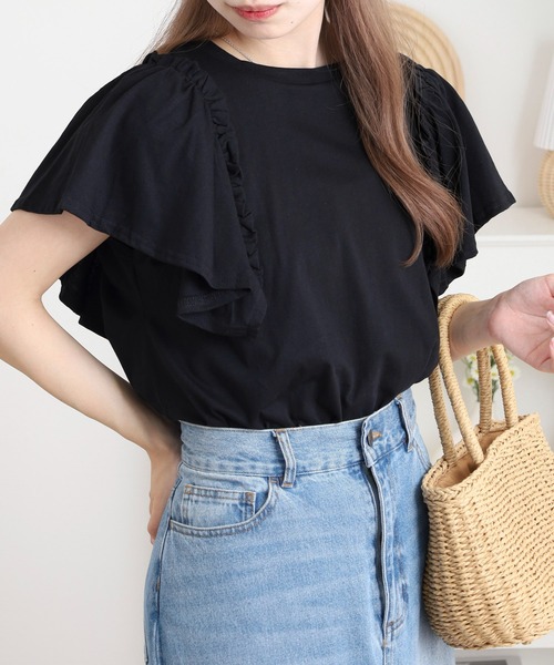 atONE(アットワン)の「ショルダーフリルフレンチスリーブTシャツ(Tシャツ/カットソー・レディース・チャコールグレー/ホワイト/ミント/ピンクベージュ/ブラック・LL~3L/M-L/4L~5L)」の15枚目の写真